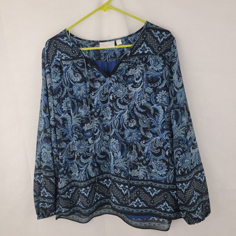 BELLE by Kim Gravel Womens Top Sz M Sheer Sleeve Artsy Mature BLUE Paisley Layer